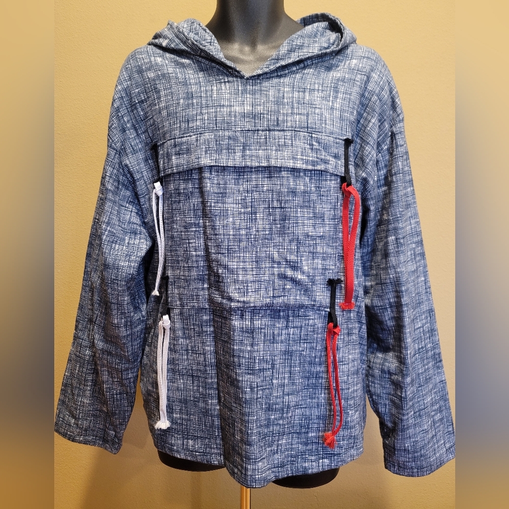 Navy/white Hooded Pullover with Red and White Accents
